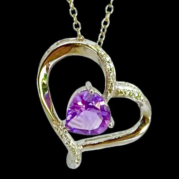 NV#2  Amethyst & CZ Heart & Sterling 925 Silver Necklace - Picture 3 of 11